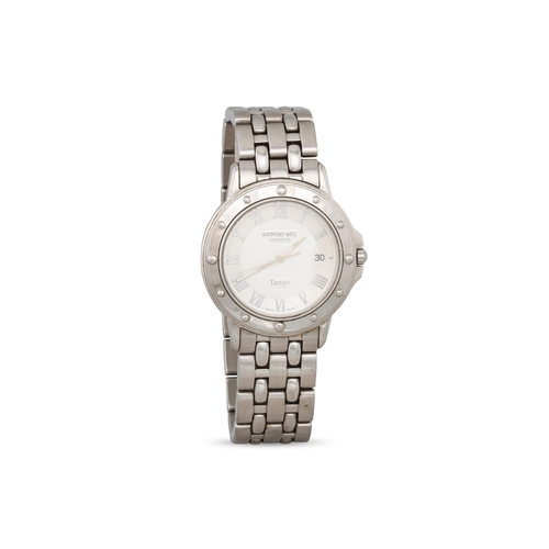 435 - A GENT'S RAYMOND WEIL TANGO WRISTWATCH, stainless steel strap, cream face, Roman numerals & box