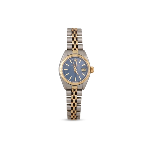 445 - A LADY'S ROLEX OYSTER PERPETUAL BI-METAL WRISTWATCH, date, blue face with baton markers, jubilee bra... 