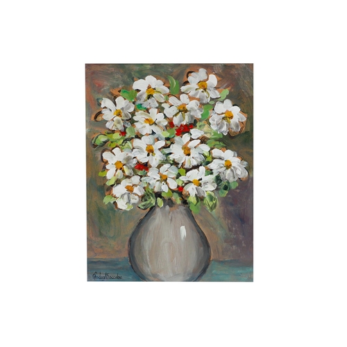 486 - GLADYS MACCABE HRVA (N Irl 1918–2018) still life, flowers in a vase, oil on board, ca 12 x 15.5