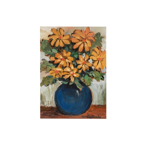 486 - GLADYS MACCABE HRVA (N Irl 1918–2018) still life, flowers in a vase, oil on board, ca 12 x 15.5