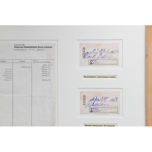 498 - A FRAMED COLLECTION OF CHEQUE STUBS FROM ARTIST FRANCIS BACON, 1909 - 1992