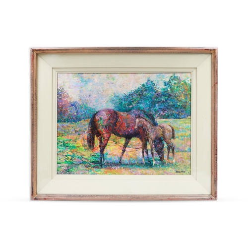 502 - TOM SPELLMAN, untitled mare and foal, mixed media on board, ca 18 x 14