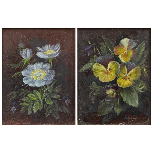 518 - FRED GRUIZINGA, IRL SCHOOL, “Pansies” & “Wild roses” (a pair) hand painted on bronze coated tublets,... 