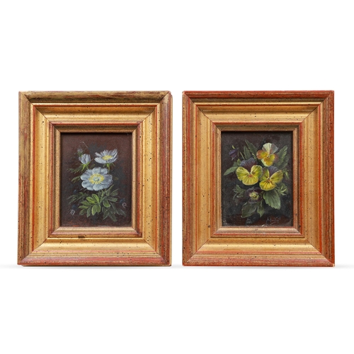 518 - FRED GRUIZINGA, IRL SCHOOL, “Pansies” & “Wild roses” (a pair) hand painted on bronze coated tublets,... 