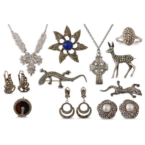 101 - A COLLECTION OF VINTAGE SILVER/ MARCASITE ANIMAL BROOCHES, 2 x salamanders, 1 x a doe, together with... 