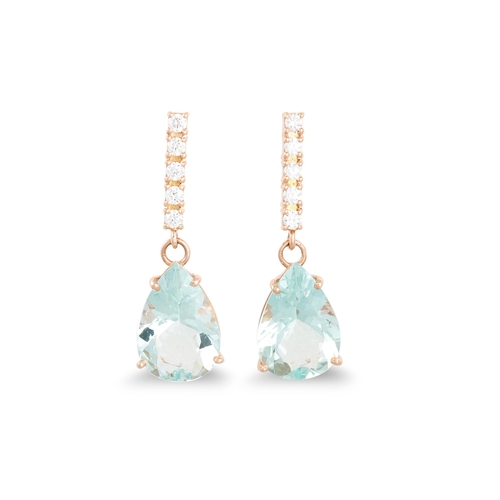 133 - A PAIR OF AQUAMARINE AND DIAMOND DROP EARRINGS, pear shaped aquamarine suspended from diamond lines,... 