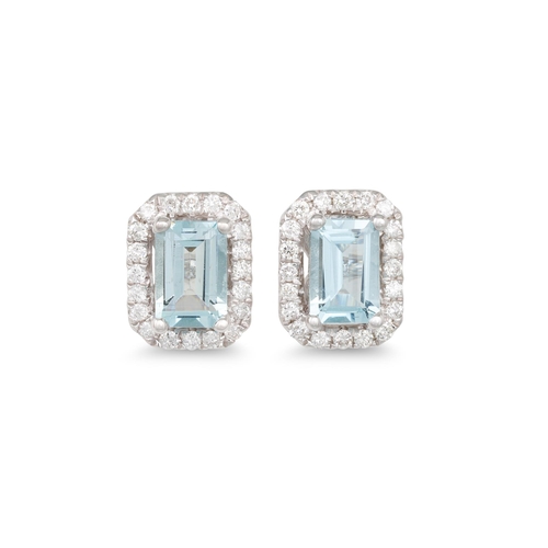 14 - A PAIR OF DIAMOND AND AQUAMARINE CLUSTER EARRINGS, the rectangular aquamarines to diamond surrounds,... 