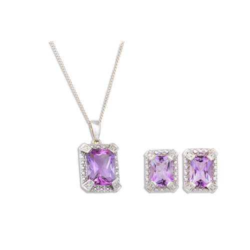 22 - A DIAMOND AND AMETHYST PENDANT, the princess cut amethyst to diamond surround, on a white gold chain... 