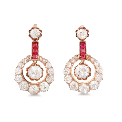 266 - A PAIR OF ANTIQUE RUBY AND DIAMOND EARRINGS, of drop cluster form. Estimated: weight of diamonds: 2.... 