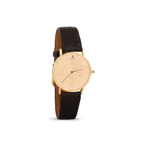 334 - A GENT'S GOLD UNIVERSAL GENEVE 50 PESOS/GOLD WRISTWATCH, quartz, brown crocodile strap, stamped, gro... 