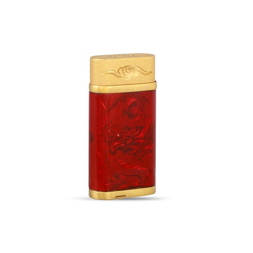 344 - A CARTIER LIGHTER, gold-plated Ltd. edition, dragon decoration, purchased 1/8/2003, boxed, spare fli... 