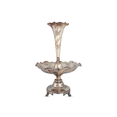 381 - A VICTORIAN SHEFFIELD PLATED TIERED EPERGNE, the trumpet flute above a tiered dish over a stepped ba... 