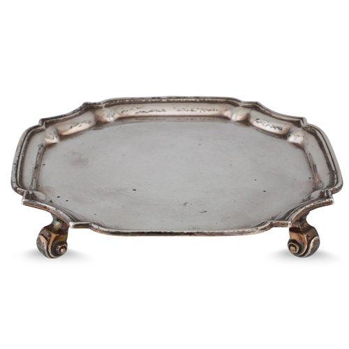 386 - A PRE-WAR SILVER CARD TRAY, of shaped square form, Birmingham 1932, by Adir Brothers Ltd. 206 g.