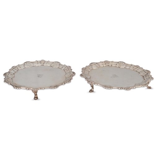 396 - A PAIR OF GEORGE III SALVERS, London 1771, by Ebbn'Coker, 417 g.