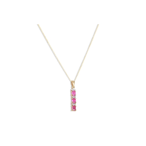 59 - A THREE STONE RUBY DROP PENDANT, mounted in 9ct gold, on a chain