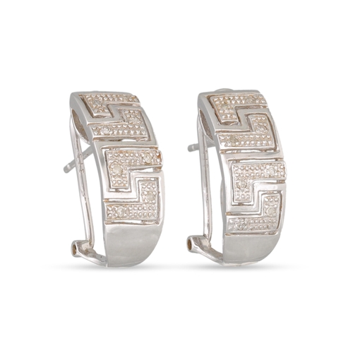 73 - A PAIR OF DIAMOND HOOP EARRINGS, Greek key design, mounted in white gold