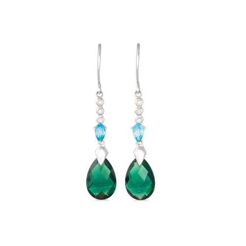 177 - A PAIR OF TOPAZ AND GREEN GEMSTONE DROP EARRINGS, mounted in 18ct gold, with matching pendant