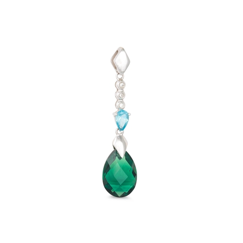 177 - A PAIR OF TOPAZ AND GREEN GEMSTONE DROP EARRINGS, mounted in 18ct gold, with matching pendant