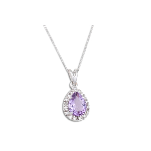 33 - A DIAMOND AND AMETHYST PENDANT, the pear shaped amethyst to diamond surround, mounted in white gold,... 