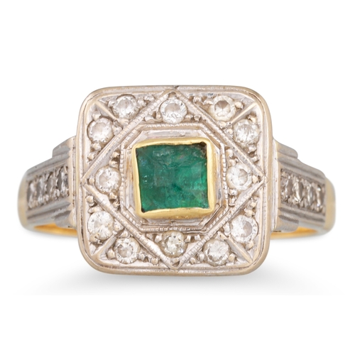 11 - A DIAMOND AND EMERALD CLUSTER RING, mounted in yellow gold. Size: L