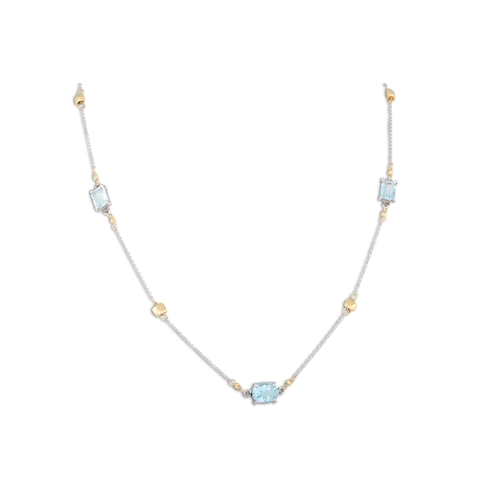 124 - AN AQUAMARINE NECKLACE, set with an oval and two rectangular stones, linked by fine gold chain