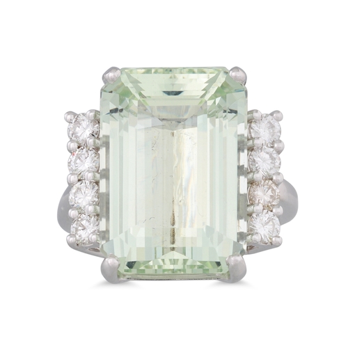 125 - AN AQUAMARINE AND DIAMOND RING, the rectangular aquamarine to diamond shoulders, mounted in 18ct whi... 