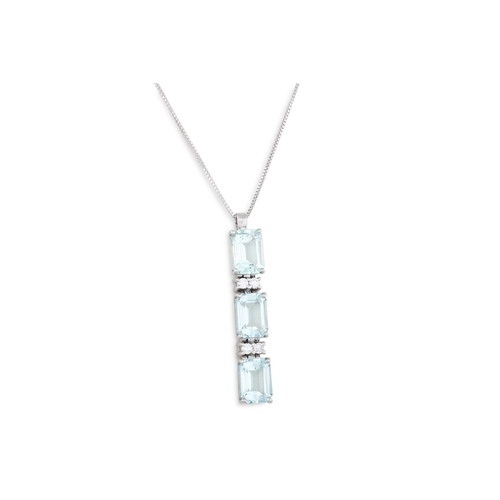 128 - AN AQUAMARINE AND DIAMOND PENDANT, the rectangular aquamarines set between diamonds, in 18ct white g... 