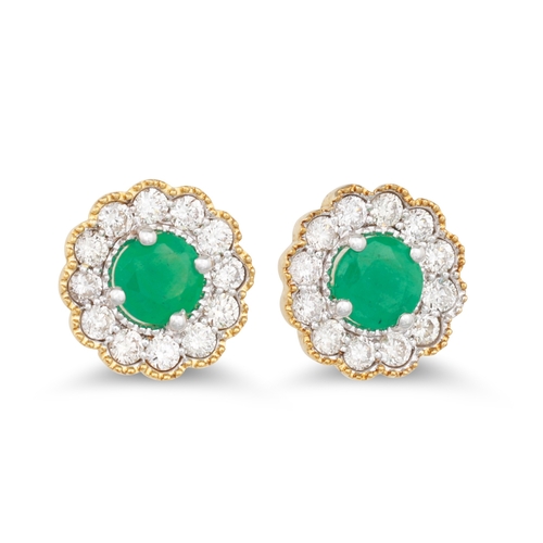 15 - A PAIR OF DIAMOND AND EMERALD TARGET EARRINGS, the round emerald to diamond surround, mounted in 9ct... 