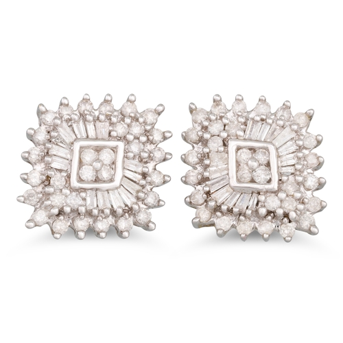 16 - A PAIR OF DIAMOND CLUSTER EARRINGS, of square form, mounted in 9ct white gold. Screw back fittings