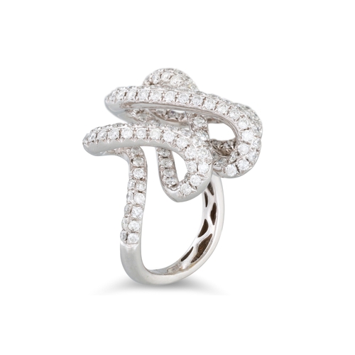 163 - AN UNUSUAL PAVE SET DIAMOND RING, twisted figure of eight form, mounted in 18ct white gold, size M