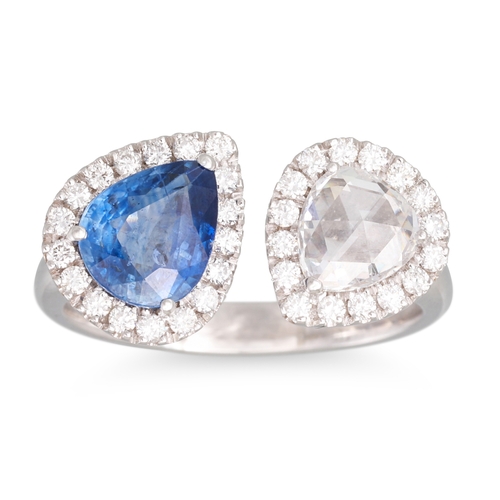 201 - A TOI ET MOI DIAMOND AND SAPPHIRE CROSS-OVER CLUSTER RING, the pear shaped sapphire and rose cut dia... 