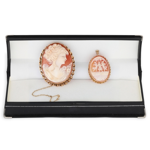 216 - TWO CAMEO BROOCHES, gold framed