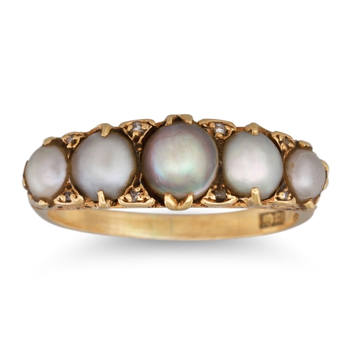 252 - AN ANTIQUE FIVE STONE PEARL RING, with diamond points, in a 18ct yellow gold carved mount. Size: P