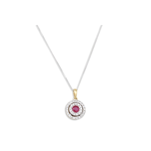 26 - A DIAMOND AND RUBY TARGET PENDANT, the ruby to a two rowed diamond surround, mounted in 9ct white go... 