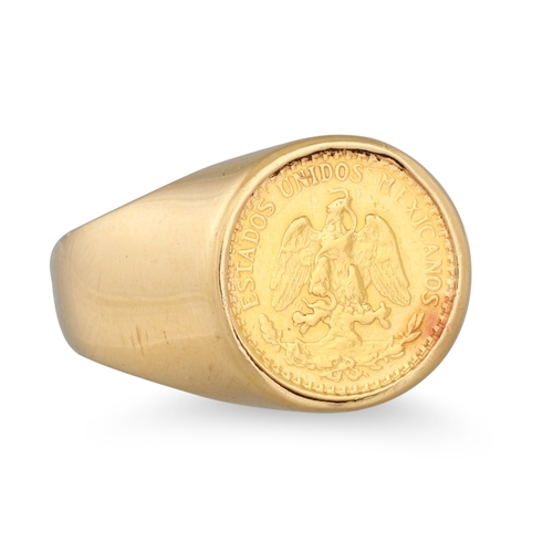 297 - A MEXICAN GOLD COIN RING, mounted in 18ct gold, size R - S, 7.9 g.