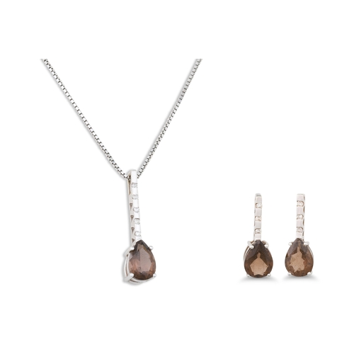 36 - A DIAMOND AND SMOKY QUARTZ PENDANT, mounted in white gold, together with matching earrings