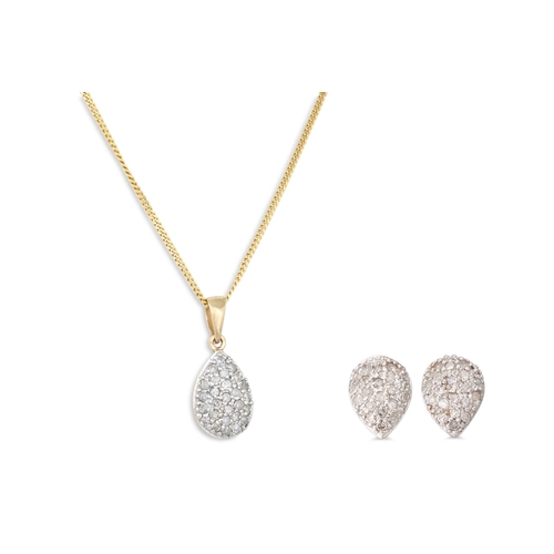 37 - A PAIR OF DIAMOND CLUSTER EARRINGS, pear shaped, with matching pendant, on a 9ct gold chain