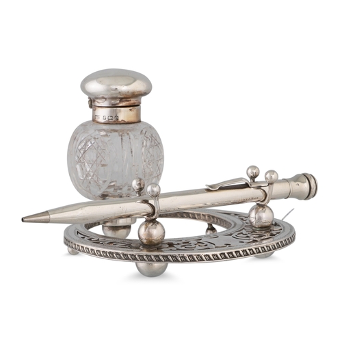 389 - AN EDWARDIAN SILVER PEN AND INK SET, Birmingham 1904, together with a silver plated brandy warmer in... 