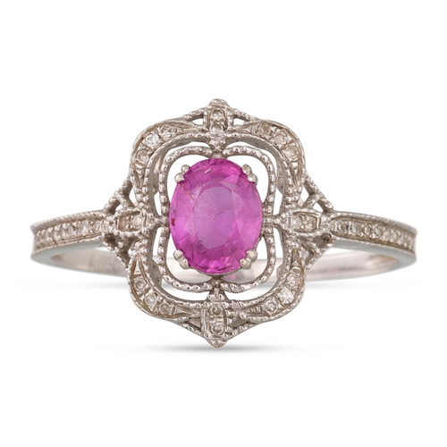 40 - A PINK SAPPHIRE AND DIAMOND CLUSTER RING, shaped plaque form, mounted in 18ct white gold. Together w... 