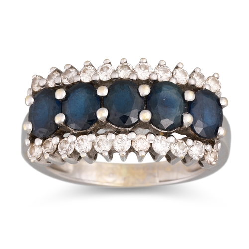 43 - A SAPPHIRE AND DIAMOND DRESS RING, the five oval cut sapphires to round brilliant cut diamond border... 