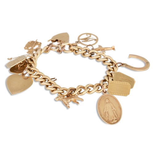 44 - A 9CT GOLD CURB LINK BRACELET, with 9 charms, 47 g.