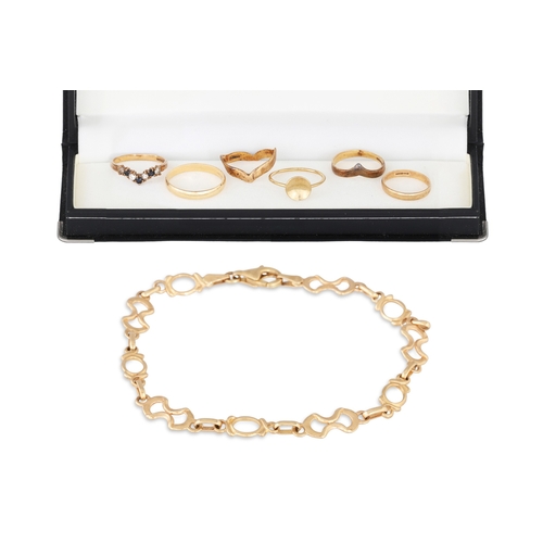 47 - A 9CT GOLD BRACELET, together with six rings, all 9ct yellow gold