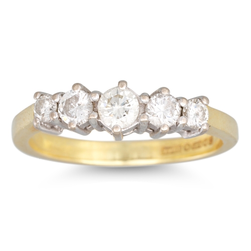 48 - A FIVE STONE DIAMOND RING, mounted in 18ct yellow gold. Estimated: weight of diamonds: 0.55 ct. size... 