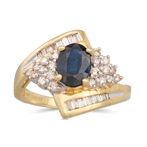 58 - A DIAMOND AND SAPPHIRE CLUSTER RING, the oval sapphire to diamond surround and shoulders, mounted in... 