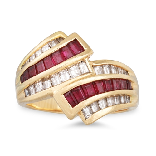 59 - A DIAMOND AND RUBY CLUSTER RING, the baguette cut diamond and rubies, mounted in 14ct yellow gold, s... 