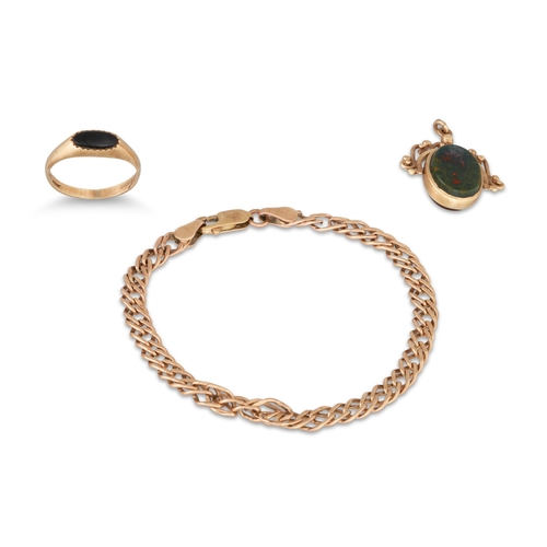 6 - A 9CT GOLD FANCY FLAT CURB LINK BRACELET, 2.9 g. together with a 9ct gold swivel fob of bloodstone/c... 