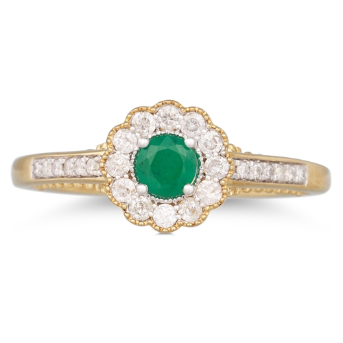 60 - A DIAMOND AND EMERALD TARGET STYLE RING, the round emerald to diamond surround and shoulders, mounte... 