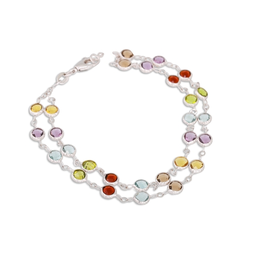 68 - A TWO ROWED MULTI GEM - SET BRACELET, the various gems colet set, to 18ct white gold chain links