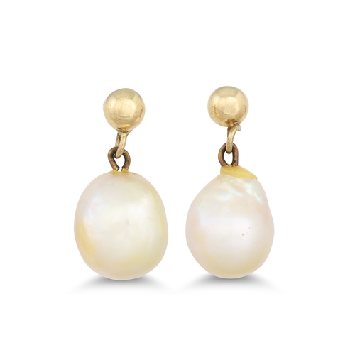 69 - A PAIR OF BAROQUE CULTURED PEARL EARRINGS, mounted in 9ct yellow gold, cream and pink tones