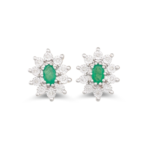 76 - A PAIR OF DIAMOND AND EMERALD CLUSTER EARRINGS, the oval emerald to diamond surround, mounted in 9ct... 